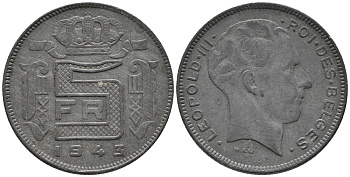 БЕЛЬГИЯ 5 ФРАНКОВ 1943 BELGES, ГЕРМАНСКАЯ ОККУПАЦИЯ, ВТОРАЯ МИРОВАЯ ВОЙНА KM 129.1 цинк 34-1141