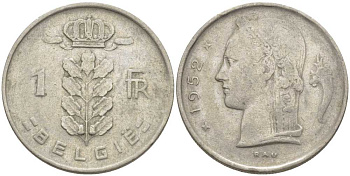 Бельгия 1 франк 1952 Belgie, Бодуэн I (1951-1993) KM 143.1 медно-никель 119-541