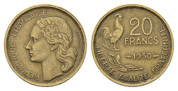 Франция 20 франков 1950 KM 917.1, Le Frank 402.4 алюминиевая бронза 4121-325