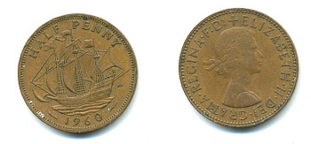 Великобритания 1/2 пенни 1960 Елизавета II (1952-2022) KM 896, Spink 4158 бронза 4383-326