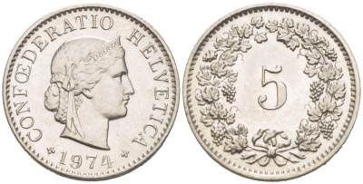 ШВЕЙЦАРИЯ 5 РАППЕНОВ 1974 KM 26 медно-никель 218-763