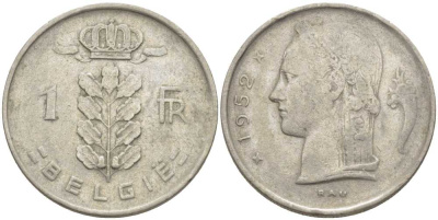 Бельгия 1 франк 1952 Belgie, Бодуэн I (1951-1993) KM 143.1 медно-никель 119-541
