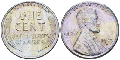 США 1 цент 1943 S (Сан-Франциско), Авраам Линкольн KM 132 a сталь плакированная цинком 39-132
