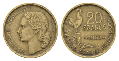 Франция 20 франков 1950 KM 917.1, Le Frank 402.4 алюминиевая бронза 4121-325