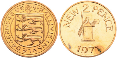 Гернси 2 пенса 1971 Елизавета II (1952-2022), ветряная мельница, тираж 10000 экз. KM 22 бронза PROOF 4583-212