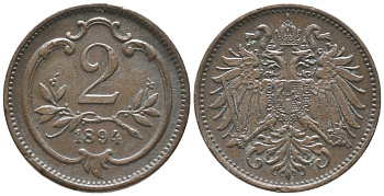 АВСТРИЯ 2 ГЕЛЛЕРА 1894 ФРАНЦ ИОСИФ (1846-1918) KM 2801 бронза 100-941