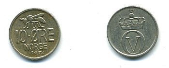 Норвегия 10 эре 1972 пчела, Улаф V (1958-1991) KM 411 медно-никель 4364-933