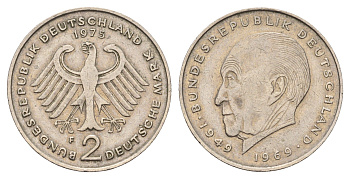ФРГ 2 марки 1975 F, Конрад Аденауэр, 20 лет Федеративной Республике KM 124, J. 406 медно-никель плакированный никелем 186-1234