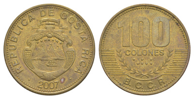 Коста-Рика 100 колонов 2007 KM 240a сталь плакированная латунью 4631-943