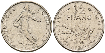 Франция 1/2 франка 1968 сеятель KM 931.1 никель    4152-1237