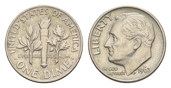 США 10 центов (дайм) 1967 Рузвельт KM 195a медь плакированная медно-никелем 4643-358