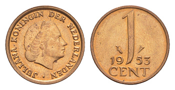 Нидерланды 1 цент 1953 Юлиана (1948-1980) KM 180 бронза UNC 4649-737