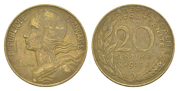 Франция 20 сантимов 1975 тип Morlon KM 930, Le Franc 156.15 алюминиевая бронза 4631-512