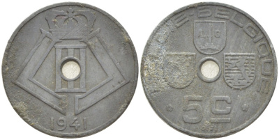 БЕЛЬГИЯ 5 САНТИМОВ 1941 BELGIE-BELGIQUE KM 124 цинк 216-536