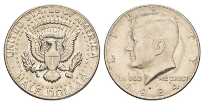 США 1/2 доллара (50 центов) 1984 D, Джон Кеннеди KM A202b медь плакированная медно-никелем aUNC 4367-924