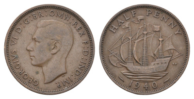 Великобритания 1/2 пенни 1940 Георг VI (1936-1952) KM 844, Spink 4115 бронза    4660-614