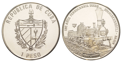 Куба 1 песо 1996 150 лет Швейцарской железной дороге, тираж 4.000 экземпляров KM 835 медно-никель BU 1079-10-11