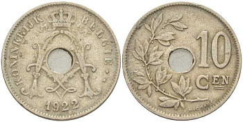 БЕЛЬГИЯ 10 САНТИМОВ 1922 BELGIE KM 86 медно-никель 212-935