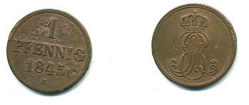 Ганновер 1 пфенниг 1845 B, Эрнст Август (1837-1851) KM 201.1, AKS 129, J. 74 медь 35-759