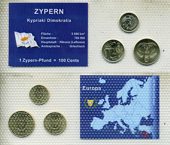 Кипр набор из 3 монет (1, 2 и 5 цента) 2003 и 2004 в красочном блистер, в запайке KM 53.3, 54.3 и 55.3 UNC 4-3-2-50