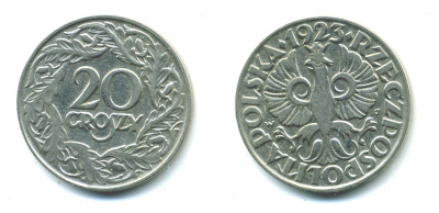 ПОЛЬША 20 ГРОШЕЙ 1923 KM 12 никель 4383-167