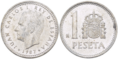 ИСПАНИЯ 1 ПЕСЕТА 1987 ХУАН КАРЛОС I ( 1975-) KM 821 алюминий 216-626