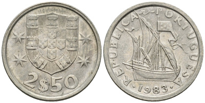 Португалия 2,5 эскудо 1984 парусник KM 590 медно-никель 4147-646
