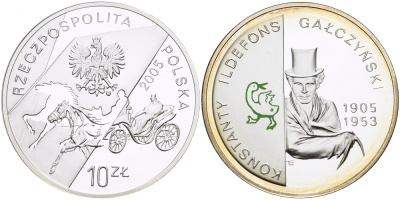 Польша 10 злотых 2005 MW, Константы Ильдефонс Галчиньский, поэт, гусь, цветная эмаль KM 537 серебро PROOF 1087-3-55