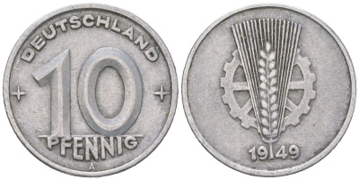 ГДР 10 пфеннигов 1949 A KM 3 алюминий 201-728