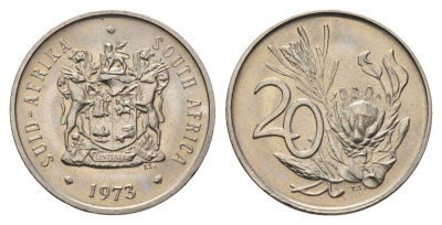 ЮАР 20 центов 1973 герб, цветок протея, редкий год KM 86 никель UNC 4693-315