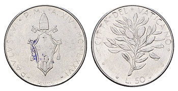 Ватикан 50 лир 1976 MCMLXXVI KM 121 медно-никель 4641-1147