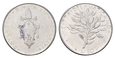 Ватикан 50 лир 1976 MCMLXXVI KM 121 медно-никель 4641-1147