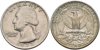 США 25 центов (квотер) 1977 Вашингтон KM A164a медь плакированная медно-никелем 4584-1055