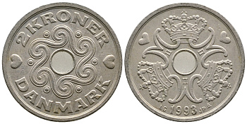 Дания 2 кроны 1993 LG; JP; A, Маргрете II (1972- ) KM 874.1 медно-никель 4175-232