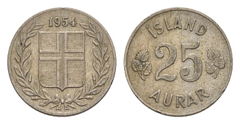 Исландия 25 эйре 1954 KM 11 медно-никель 4632-946