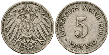 Германия 5 пфеннигов 1909 J, KM 11, J. 12 медно-никель 4608-855