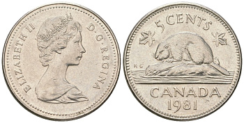 Канада 5 центов 1981 Елизавета II (1952-2022), бобр KM 60.2 никель aUNC 4617-929