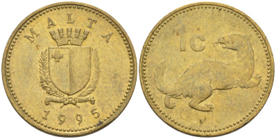 Мальта 1 цент 1995 ласка, горностай KM 93 никель латунь 4585-1236
