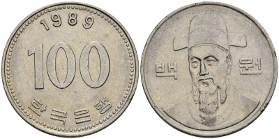 Южная Корея 100 вон 1989 Ли-Сунсин, корейский флотоводец KM 35.2 медно-никель 4511-943
