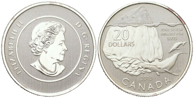 Канада 20 долларов 2013 Айсберг и кит, Елизавета II (1952-2022) KM 1512 серебро BU 11-164-42