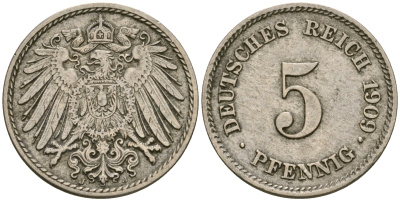 Германия 5 пфеннигов 1909 J, KM 11, J. 12 медно-никель 4608-855