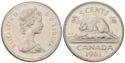 Канада 5 центов 1981 Елизавета II (1952-2022), бобр KM 60.2 никель aUNC 4617-929