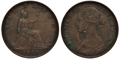 Великобритания 1 фартинг 1873 Виктория (1837-1901) KM 747.2, Spink 3958 бронза 4114-747