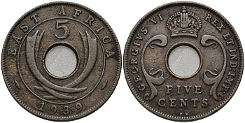 Британская Восточная Африка 5 центов 1939 KN, Георг VI (1937-1952) KM 25.1 бронза 27-1046