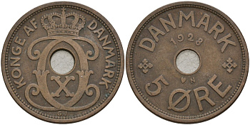 Дания 5 эре 1928 Кристиан X (1912-1947) KM 828 бронза 4148-216