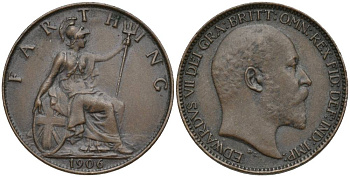 Великобритания 1 фартинг 1906 Эдуард VII (1901-1910), KM 792, Spink 3992 бронза 4548-1133