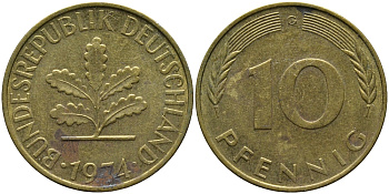 ФРГ 10 ПФЕННИГОВ 1974 G KM 108, J.383 сталь плакированная латунью 98-456