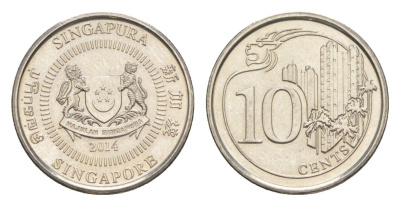 Сингапур 10 центов 2014 KM 100 медно-никель UNC 4158-252