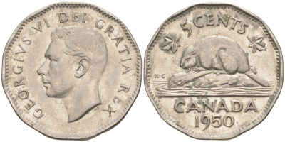 Канада 5 центов 1950 бобр, Георг VI (1937-1952) KM 42 никель 73-1342