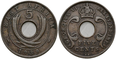 Британская Восточная Африка 5 центов 1939 KN, Георг VI (1937-1952) KM 25.1 бронза 27-1046